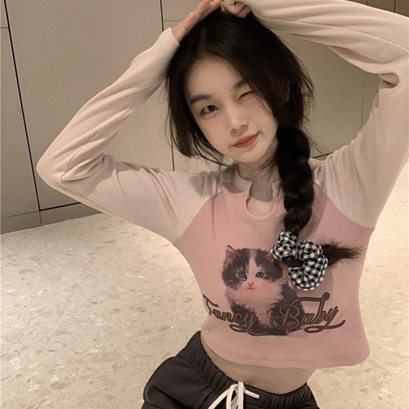 IELGY  IELGY Áo Thun Tay Dài Dáng Ôm In Hình Mèo Phong Cách Mỹ Cổ Điển Thời Trang Cho Nữ