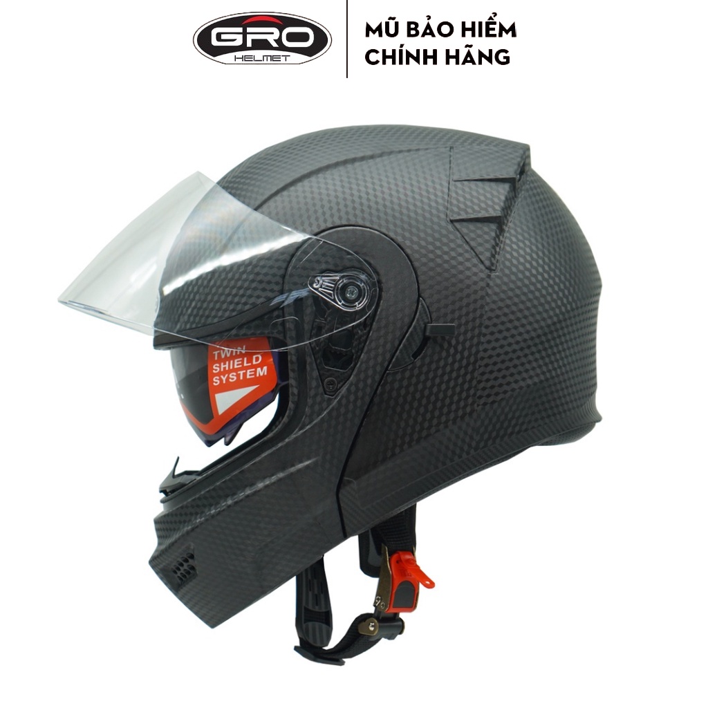 Mũ bảo hiểm Fullface GRO ST26 Đen vân cacbon, chuyên phượt 2 kính thiết kế lật hàm hiện đại