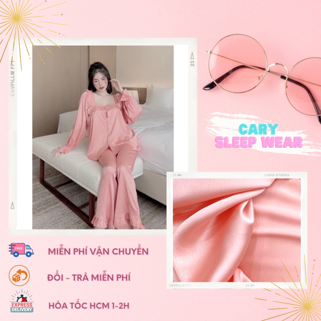 Bộ ngủ nữ cổ vuông tay dài quần dài tiểu thư siêu xinh size 40-60kg, đồ ngủ mặc nhà thu đông dễ thương CARY