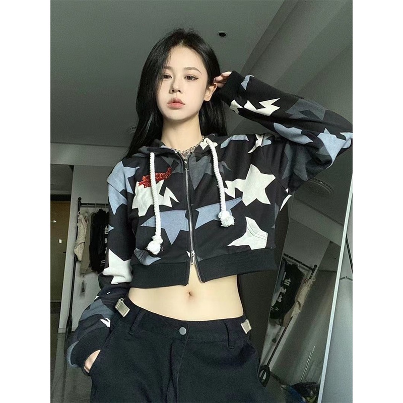 Áo Khoác Cardigan Mỏng Có Khóa Kéo In Hình Ngôi Sao Phong Cách Hàn Quốc Thời Trang Cho Nữ