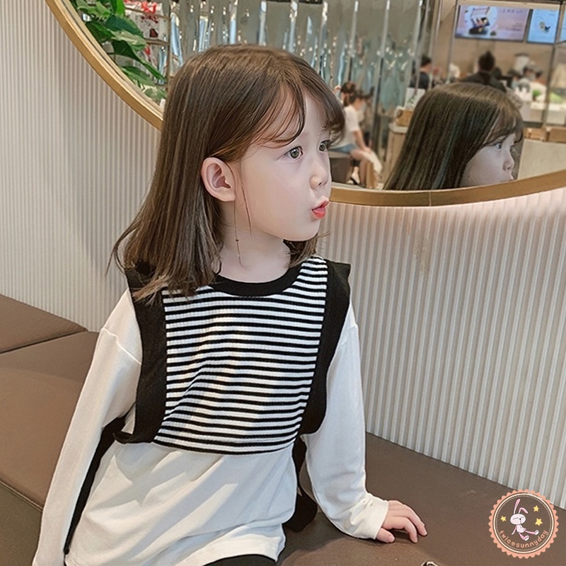 Áo Thun Tay Dài Cổ Tròn Họa Tiết Kẻ Sọc Cho Bé Gái