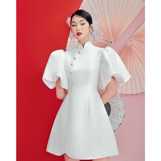 Đầm váy mini cổ tàu tay phồng đính nút vuông đi chơi dự tiệc