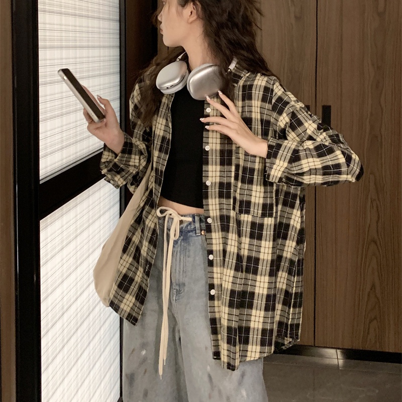 Áo sơ mi SUXI tay dài họa tiết ca rô thời trang dành cho nữ