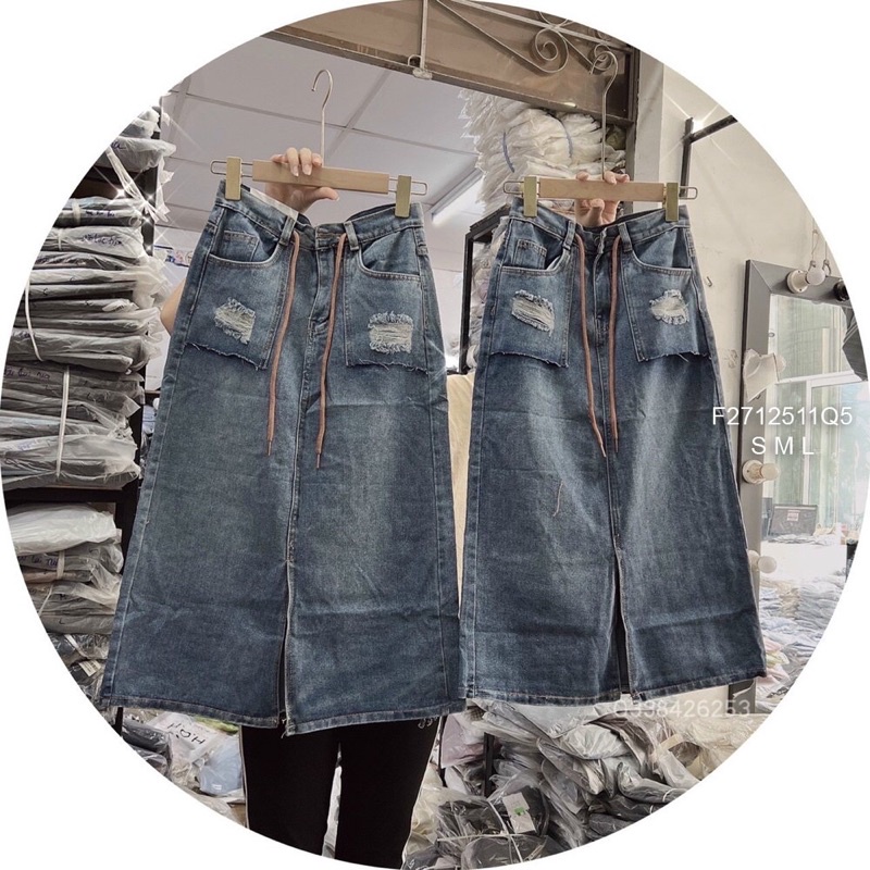 Chân váy jean dài xẻ kèm dây rút chuẩn dáng hàng sẵn giao ngay