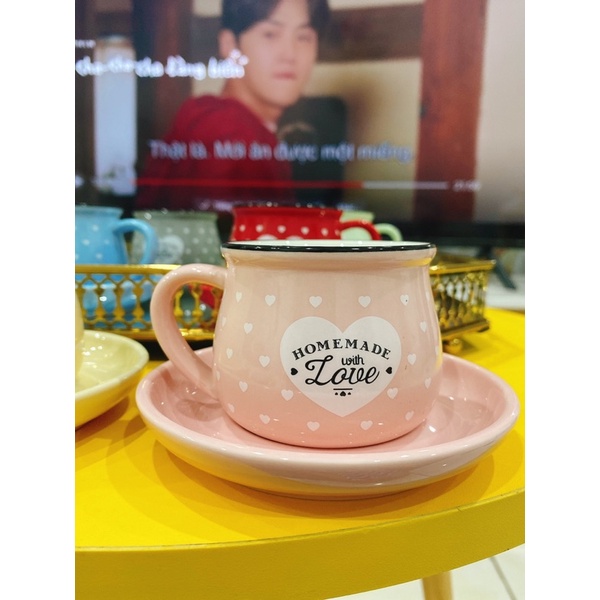 Set tách đĩa cafe hoạ tiết chấm bi