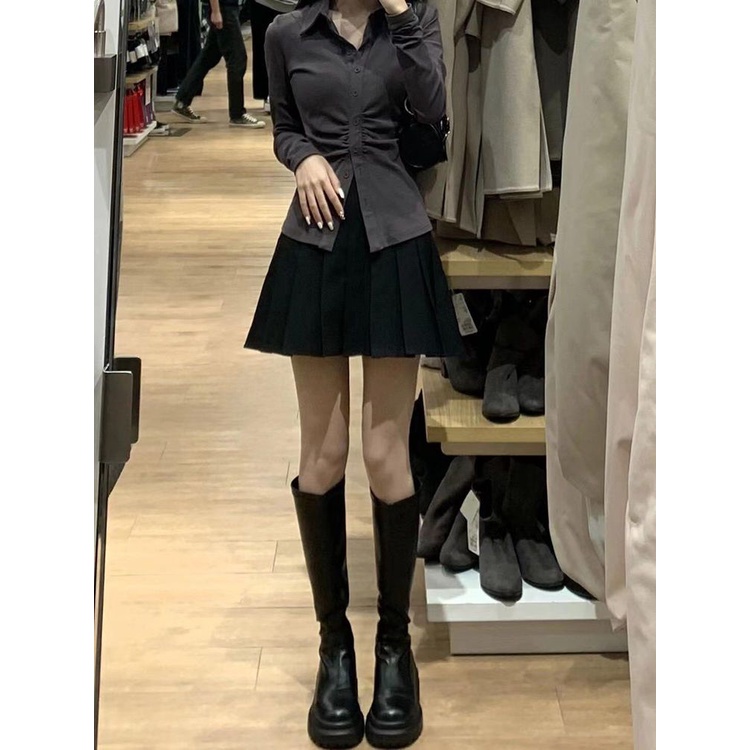 Bộ Áo Sơ Mi + Chân Váy Xếp Ly Màu Trơn Thời Trang Mùa Thu Dành Cho Nữ