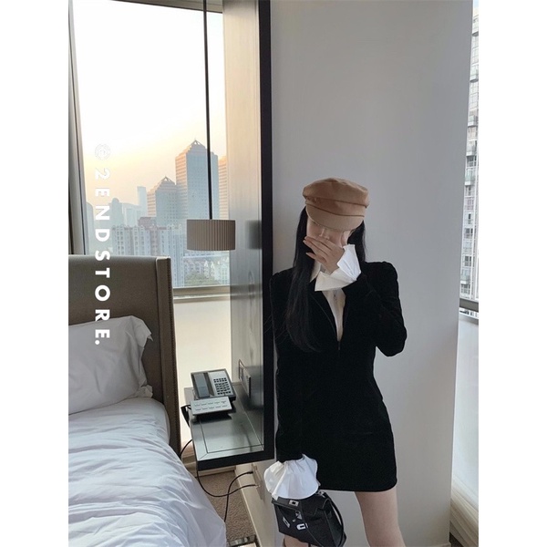 2END Váy nhung burdanh phối cổ sơ mi