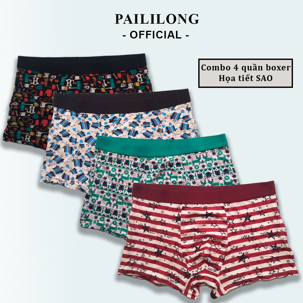 Combo 4 quần boxer nam S.A.O Paililong kháng khuẩn cotton thấm hút tốt, co giãn 4 chiều Text NPP Paililong.official