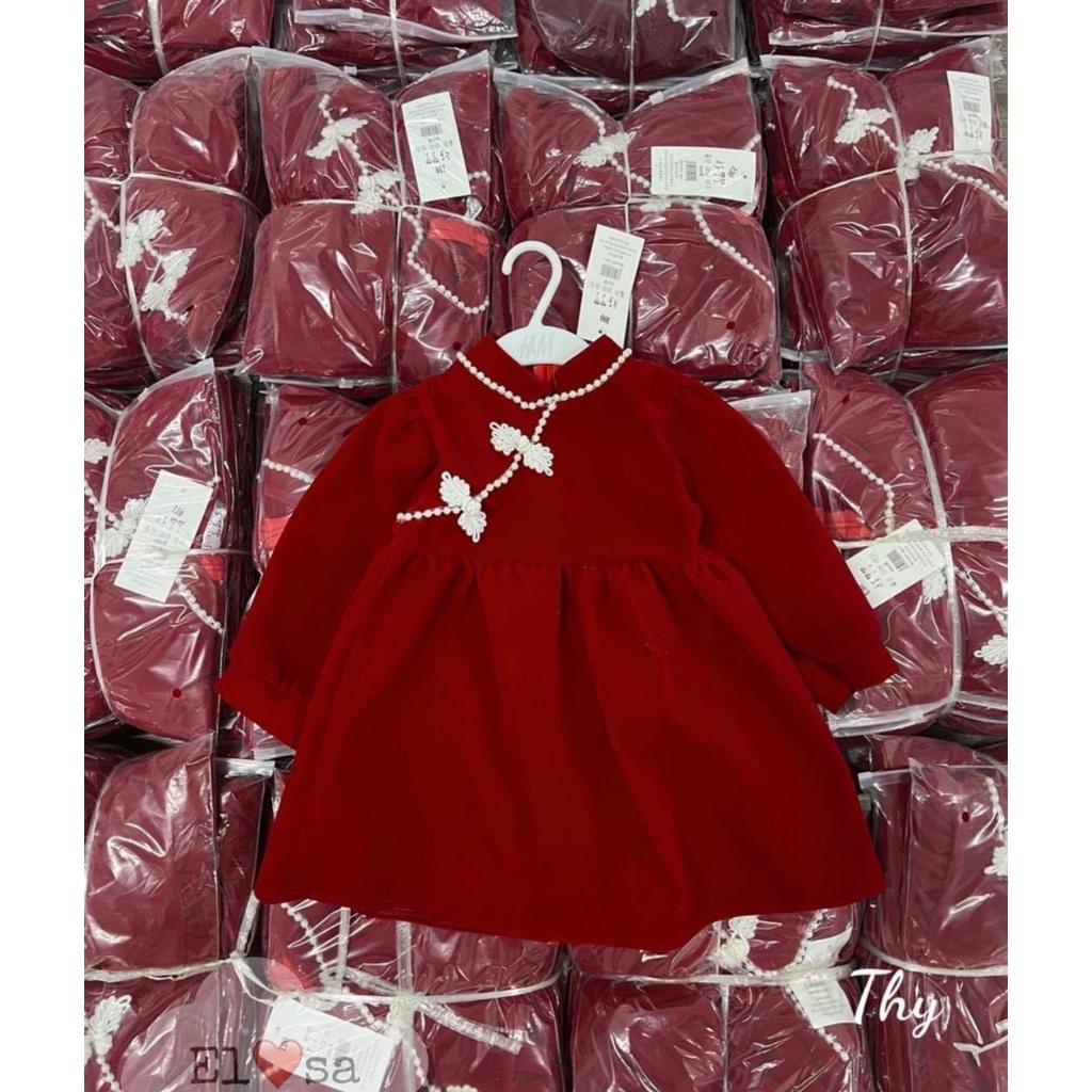 Váy Bé Gái Nhung Đỏ Cổ Tàu Chất Nhung Chéo Xinh Đẹp Dành Cho Bé Cân Nặng 8-25kg