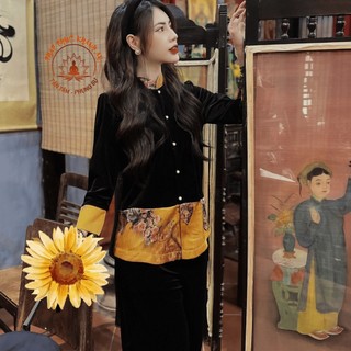 Bộ lam nhung gấm kết hợp lụa vân gỗ cao cấp pháp phục khánh an bà ba đi chùa