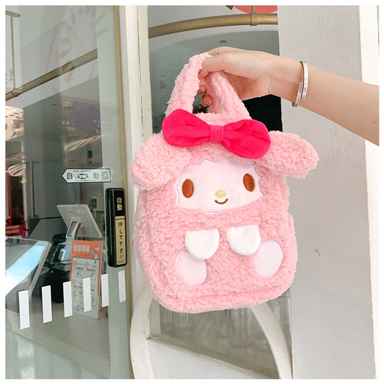 Túi Đựng Hộp Cơm Trưa Xách Tay Bằng Lông Nhung Sức Chứa Lớn Họa Tiết Hoạt Hình Dễ Thương Cho Nữ