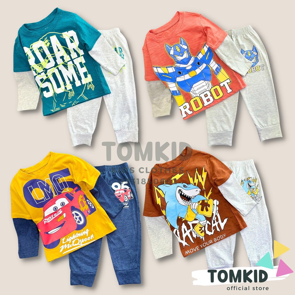 Bộ dài tay bé trai TomKids đồ bộ cho bé cotton xuất khẩu PHỐI TAY IN HÌNH dày dặn co giãn 10-32kg