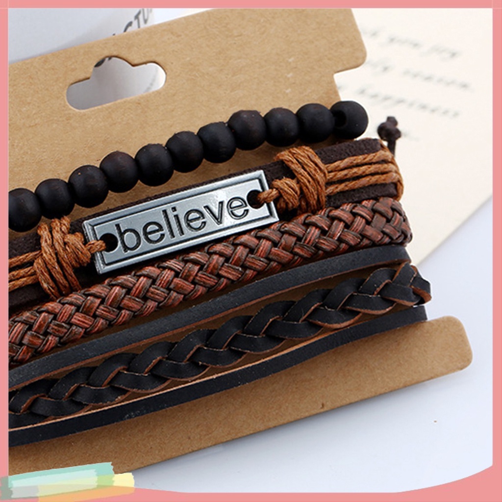 Set 4 vòng tay bện dây giả da thời trang cho nam