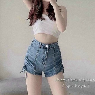 Quần short jean lưng cao rút dây hai bên, hình thật 100%