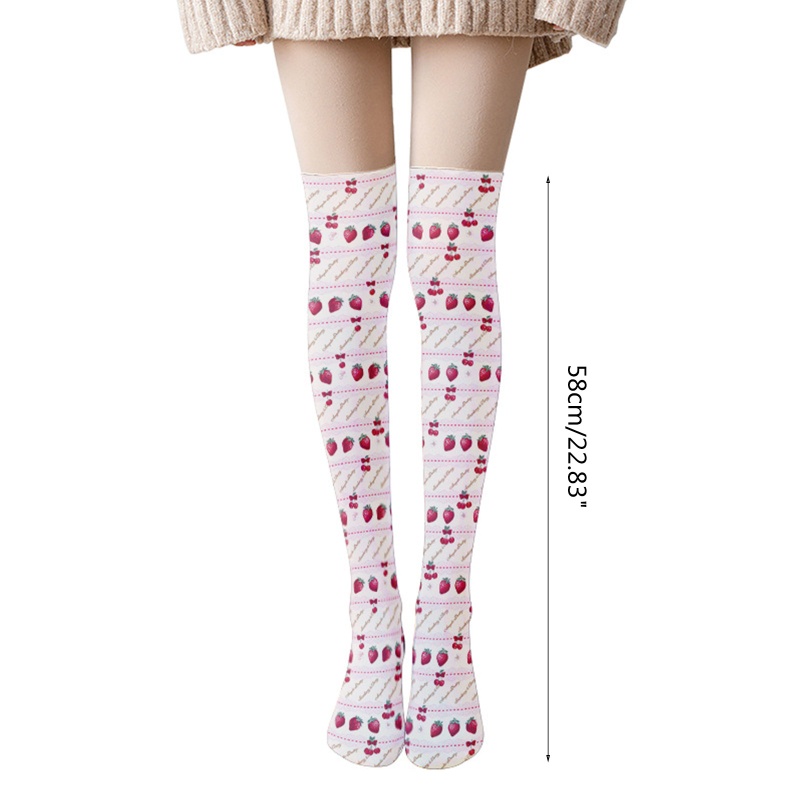 Vớ Dài Qua Gối In Họa Tiết Trái Dâu Phối Ren Phong Cách Lolita Nhật Bản Cho Nữ
