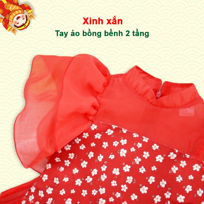 Áo dài cách tân 8-20kg chất tăm nhung cao cấp BBShine, Áo dài bé gái họa tiết hoa nhí tay bồng – AD007