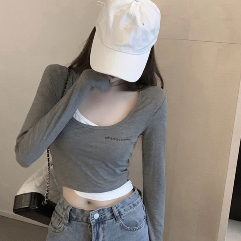 IELGY  IELGY Áo Thun Tay Dài Dáng Ôm Ngắn Màu Đen Thời Trang Cho Nữ