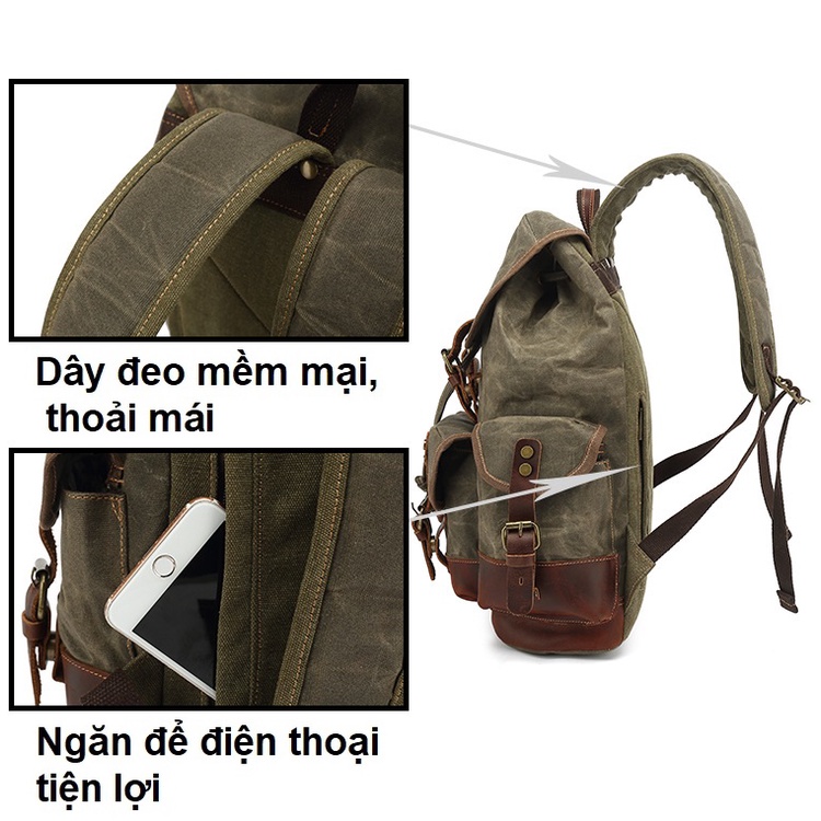 Balo 2 canvas sáp, da thật, khoá đồng cao cấp