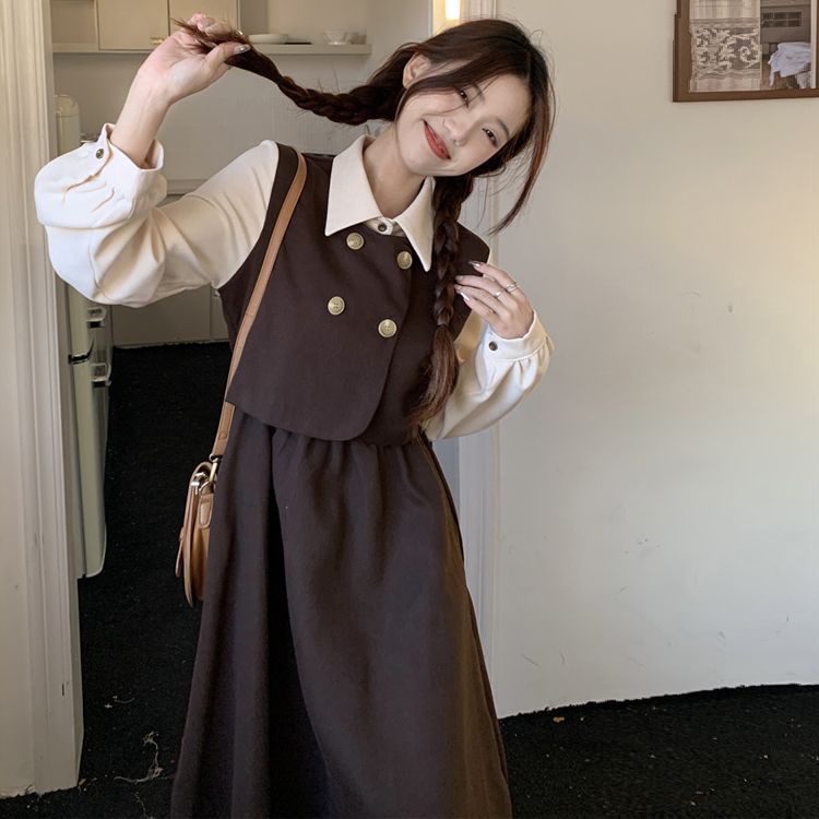 🎀váy babydoll dáng dài váy mùa đông cho nữ váy dài Đầm Dài Tay Giả Hai Lớp Phong Cách Hàn Quốc Thanh Lịch Dành Cho Nữ