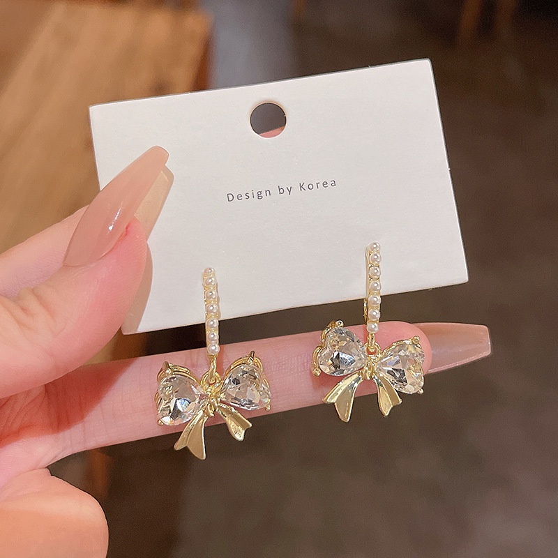 Bông Tai Hình Nơ Nhỏ Đính Đá Ngọc Trai Nhân Tạo Phong Cách Hàn Quốc Sang Trọng