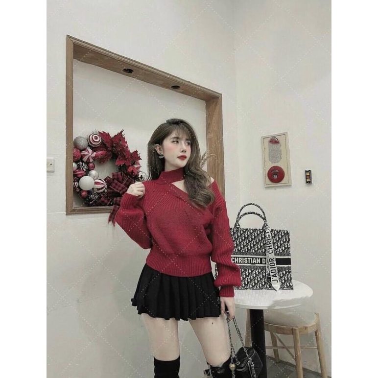 Áo len chocker lệch vai phong cách Hàn Quốc