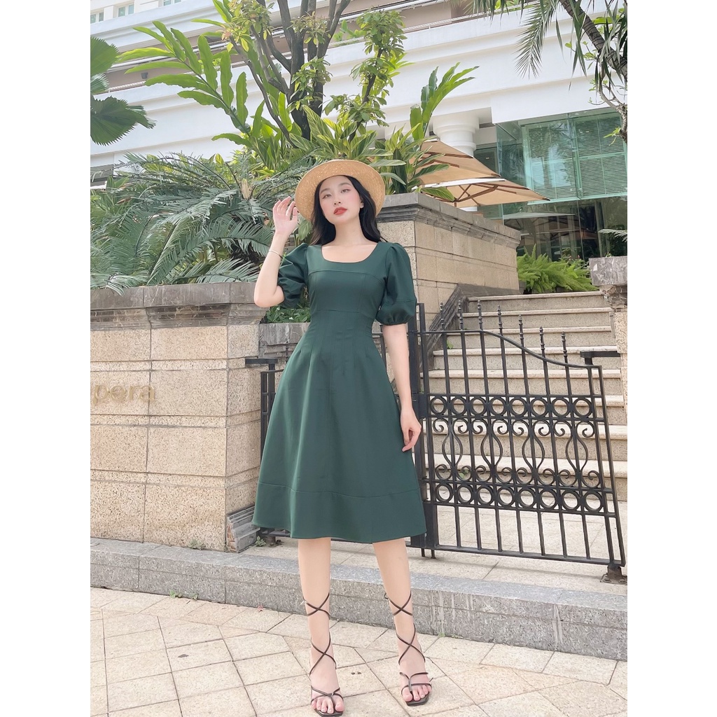 Đầm xòe Ivory 0211 tay phồng chỉ nổi sành điệu Cin House