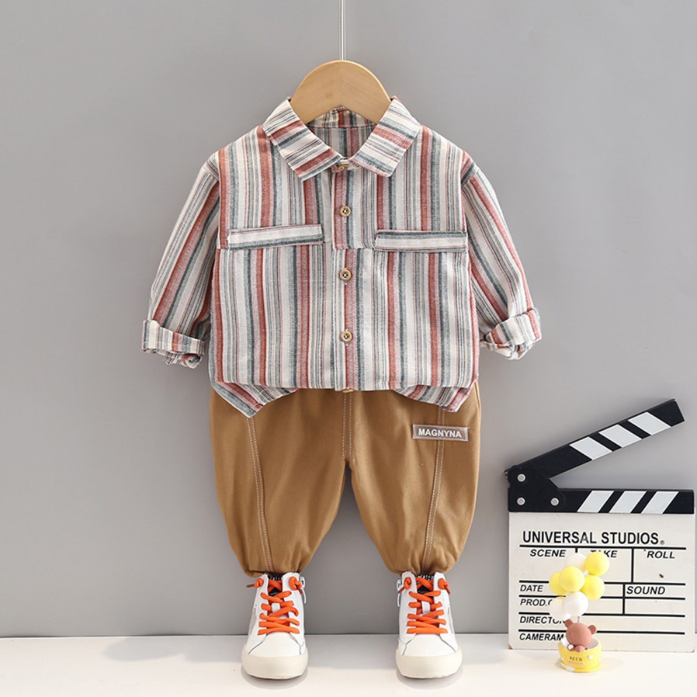 Set Áo Sơ Mi Kẻ Sọc + Quần Dài Phong Cách Hàn Quốc Cho Bé