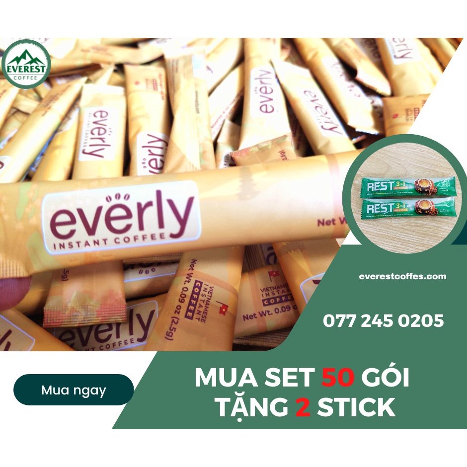 < Set 50 > Cà Phê Hòa Tan Đen Sấy Lạnh EVEREST COFFEES. Nguyên Chất 100% Không Cần Pha Phin. Gói Tiện Iợi 2.5g