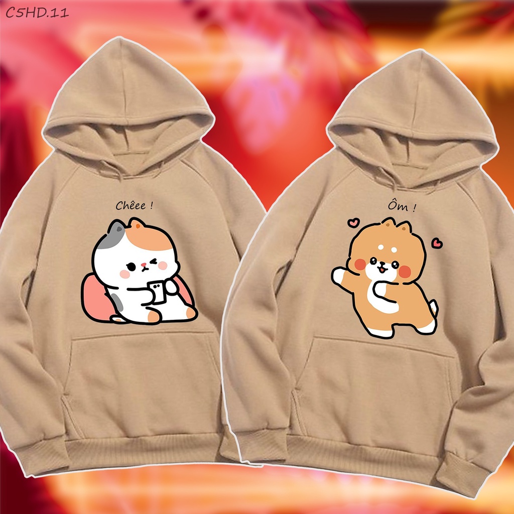 áo đôi ÔM - CHÊ, áo cặp đôi dễ thương nỉ bông hoodie form rộng C5HD.11