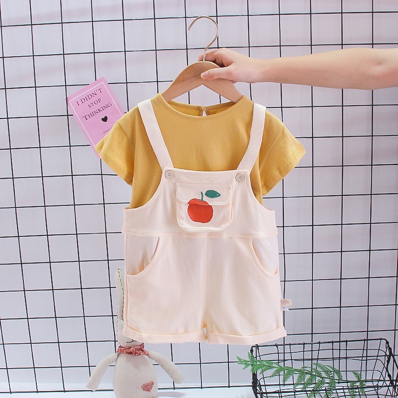 Bộ quần dây đeo lưng em bé mới tay áo ngắn chất lượng cao cotton tinh khiết bé gái hoạt hình mùa hè phong cách dễ thương