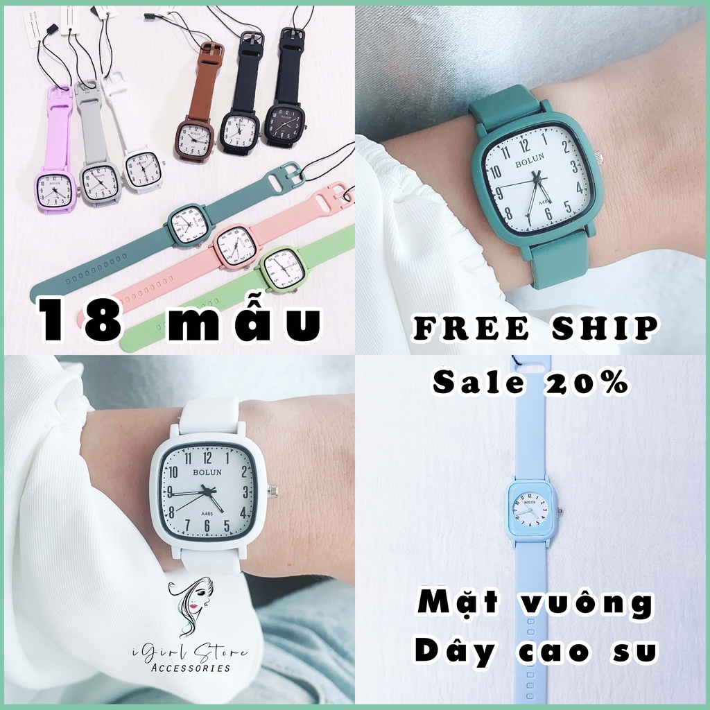 Đồng hồ nữ dây cao su iGirl Bolun 2023 mặt vuông, màu trái cây, dây cao su silicone, chi tiết cao cấp, phong cách