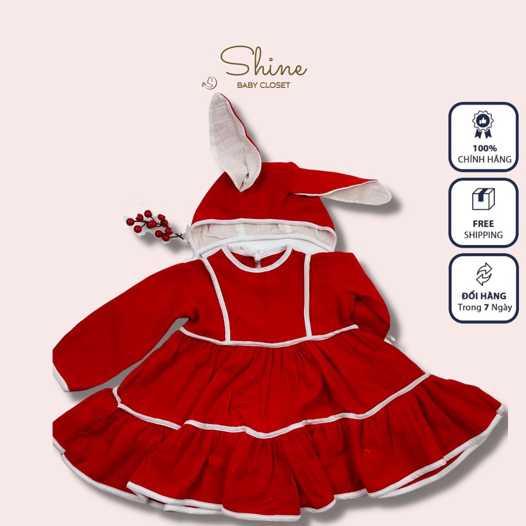 Đầm cho bé gái, Váy cho bé gái chất muslin màu đỏ diện Noel, Tết mềm dáng xòe tay dài xinh xắn Shine Baby Closet