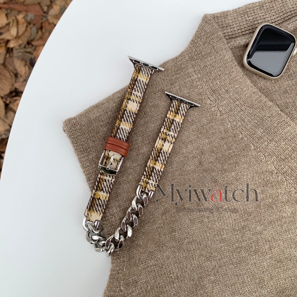 Dây Xích Đôi Bằng nylon Và Da Phối Inox Cho iwatch series 8 7 6 5 SE 4 3 2 iwatch 49mm 44mm 40mm 41mm 45mm 42mm 38mm