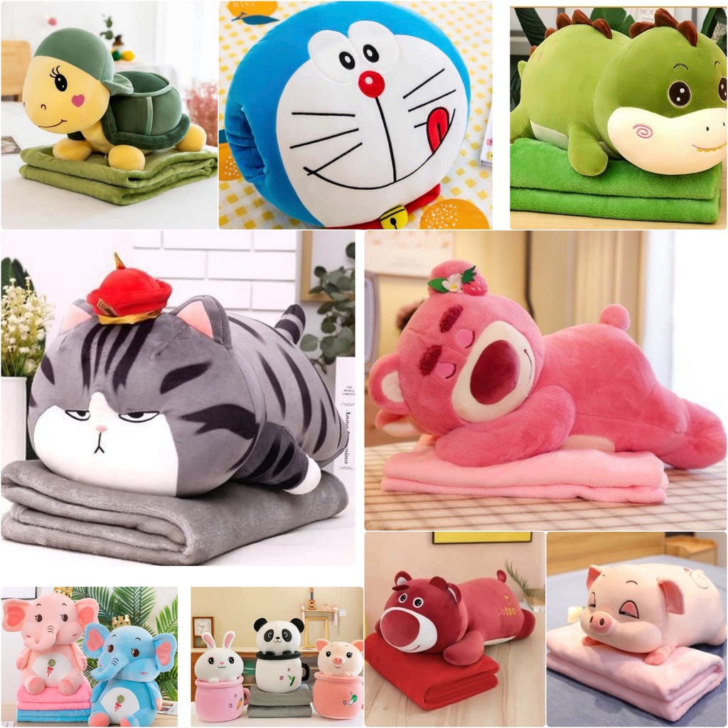 Chăn văn phòng 2in1, chăn gối 2 trong 1, gấu kèm chăn Mèo DUDU Hoàng Thượng,Lotso Hồng, Khủng Long Heo