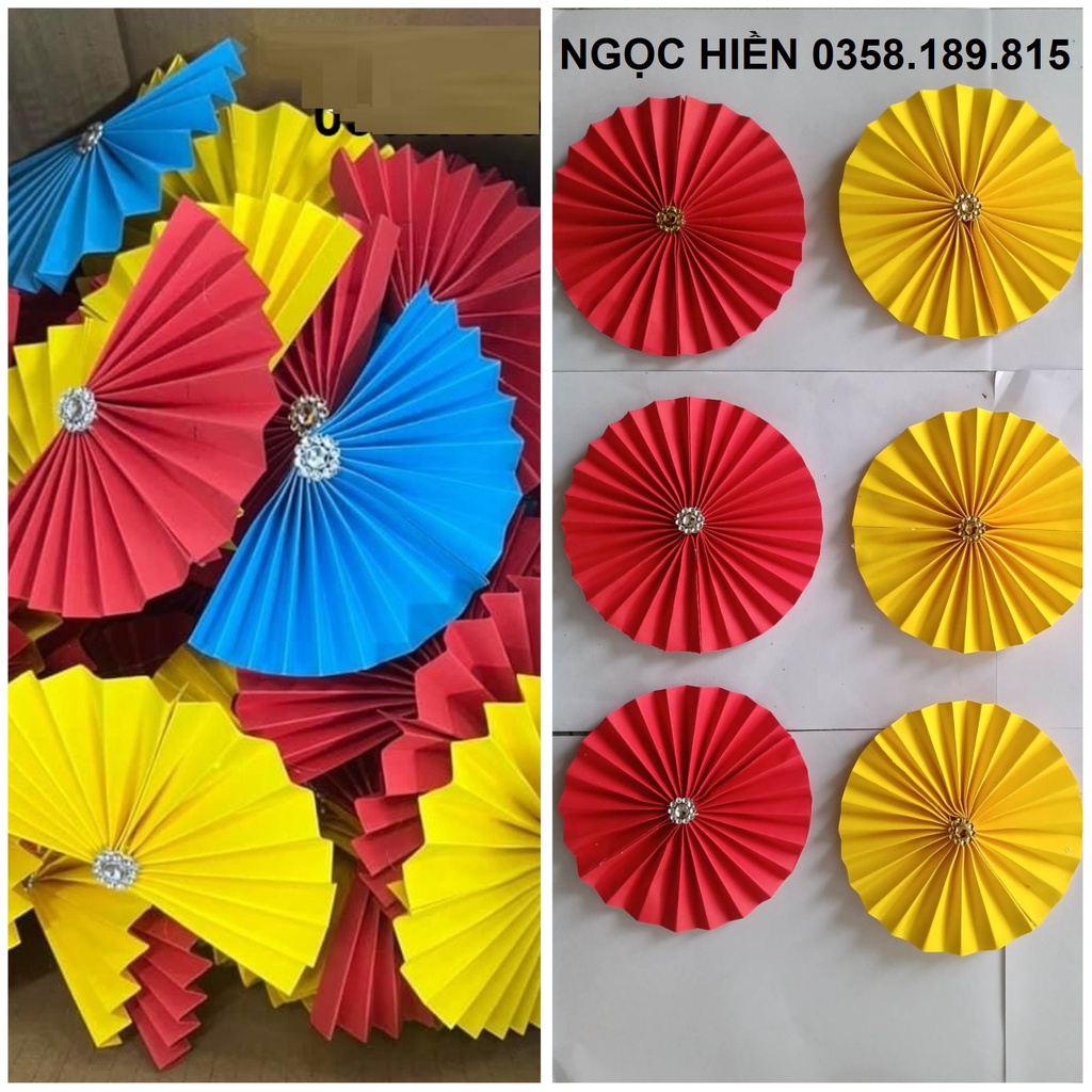 Quạt giấy tròn đính ngọc thủ công