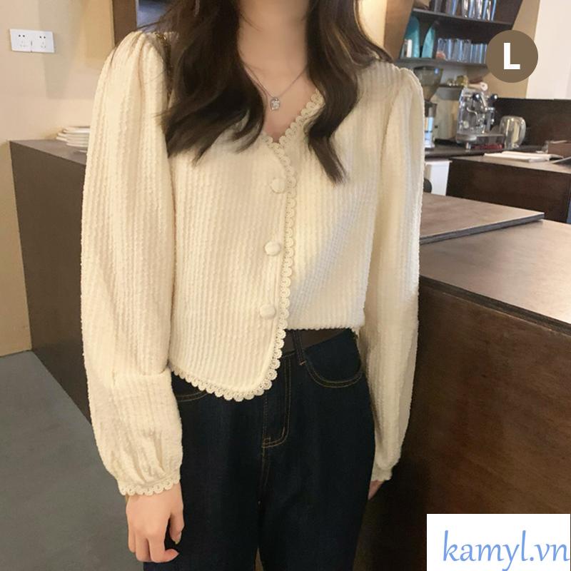 【kamyl】🌸Áo sơ mi dài tay viền xoăn cổ V cho nữ đính nút vintage cực xinh