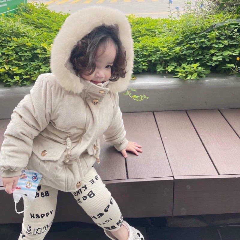 Áo khoac parka lót lông màu kem cho bé
