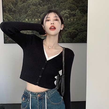 Áo croptop SUXI dệt kim tay dài cổ chữ V dáng ôm phong cách Hàn Quốc cho nữ