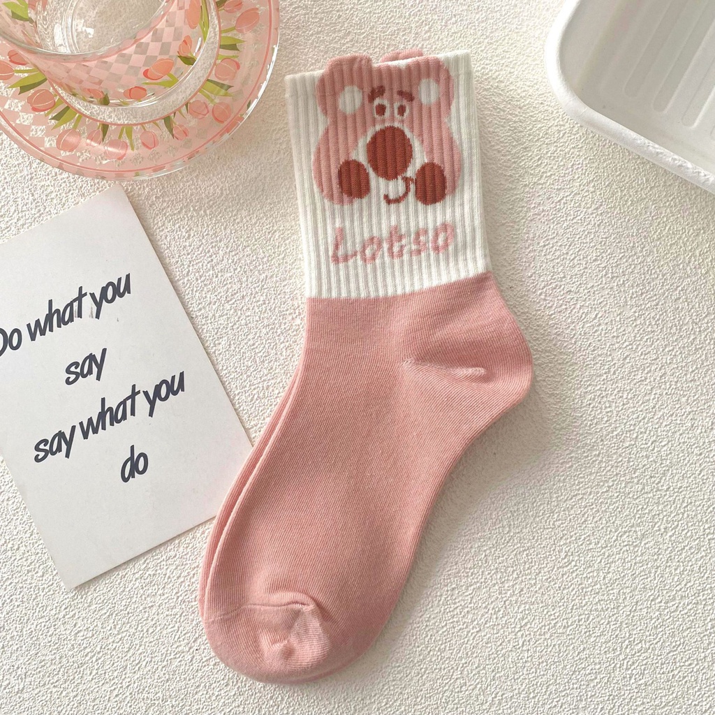 Vớ Thu Đông Màu Hồng In Hình Gấu Dễ Thương Phong Cách Hàn Quốc Cho Nữ