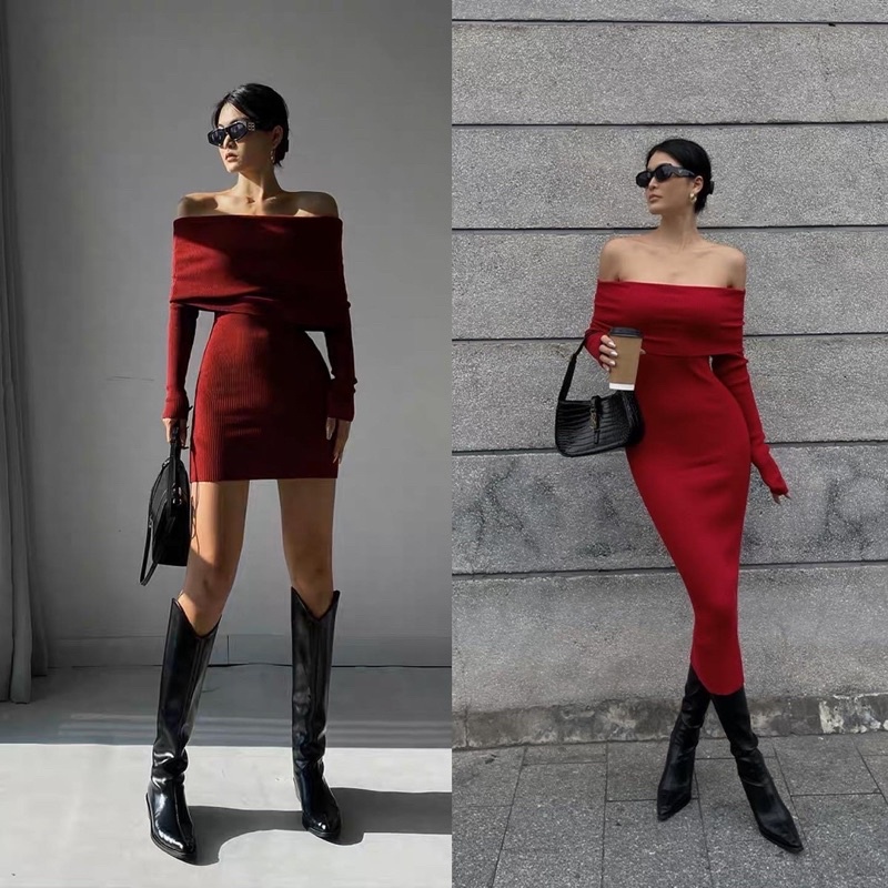 Váy đầm trễ vai đỏ đô ôm body đón giáng sinh năm mới - by CBS