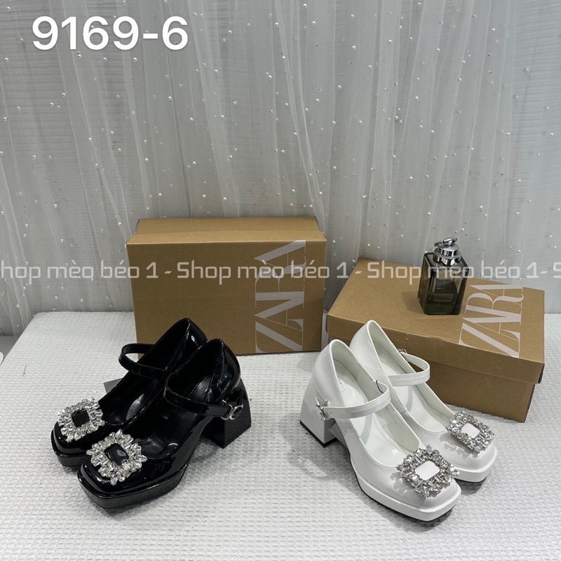 Giày cao gót zara tag đá vuông đế đúp da bóng quai ngang khuy cài gót trụ xuất dư fullbox