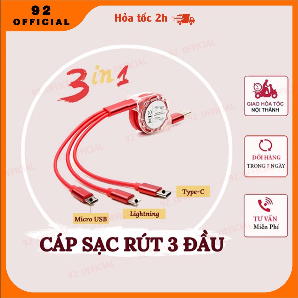 Cáp sạc nhanh bọc dù 3 đầu 2A ONL1C dài 1m2 đa năng 3 in 1 ,Micro,Type-C Chống Đứt 100% lõi đồng