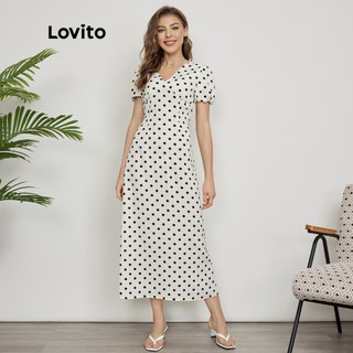 113XJ Lovito Chấm bi thanh lịch Bishop tay áo cổ V Váy L24ED087 (Đen trắng)