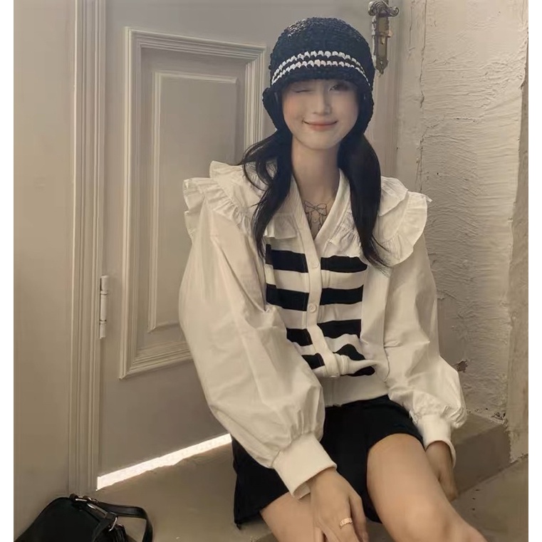 Áo sơ mi giả tay dài kẻ ngang trắng đen