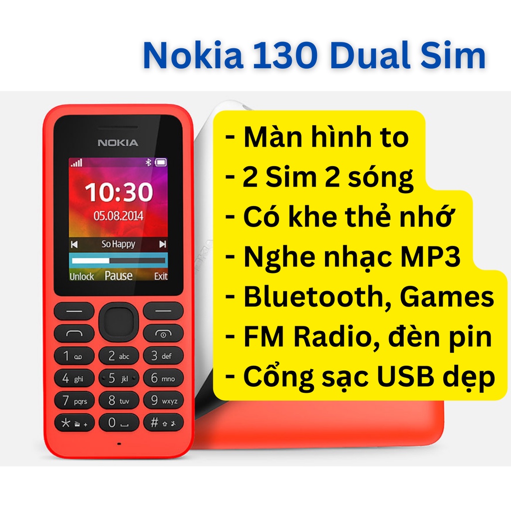 [CHỌN MÀU] Điện Thoại Nokia 130, 2 SIM, Zin Chính Hãng, Nghe Nhạc, Được Chọn Kèm Phụ Kiện