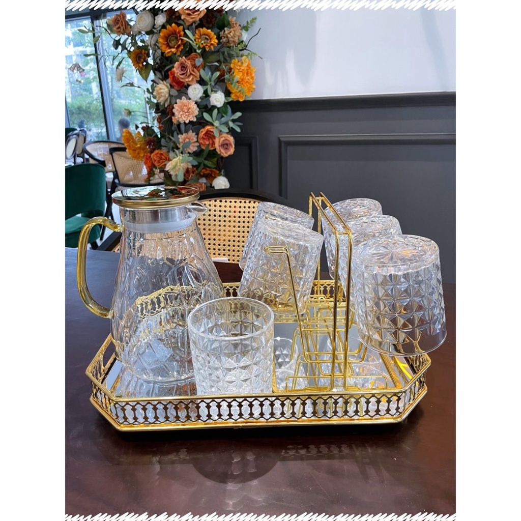 Set 6 Cốc Thuỷ Tinh Caro + Bình Sang Trọng Tinh Tế Có Khay + Giá Úp Bán Kèm, hàng cao cấp