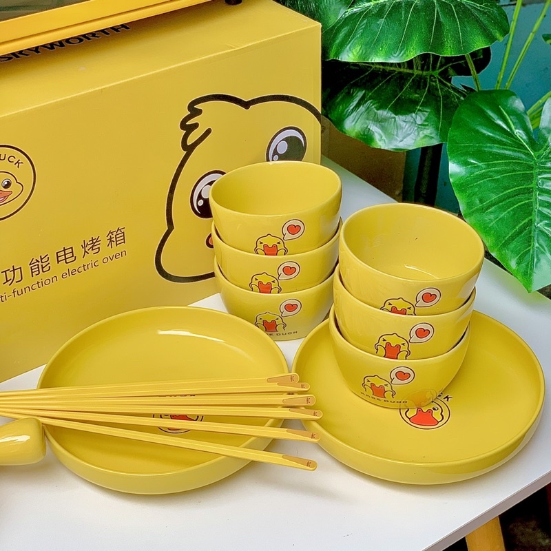 Bộ 2 bát 6 đĩa, Set tô chén gốm sứ Vịt Vàng B.Duck cho gia đình dùng được lò vi sóng, bộ đồ bàn ăn nhà bếp [Bếp nhà Haza