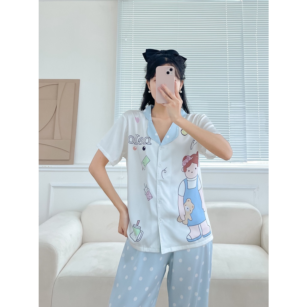 Đồ bộ tay ngắn nữ, pijama lụa latin mặc nhà họa tiết sang chảnh, set đồ thoáng mát