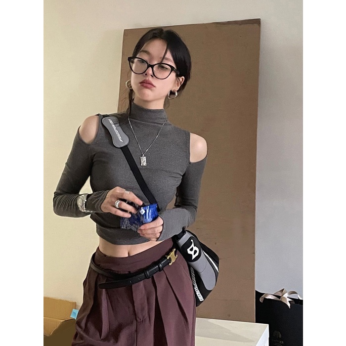 Áo Thun Tay Dài Cổ Cao Hở Vai Ôm Dáng Phong Cách Hàn Quốc Dành Cho Nữ