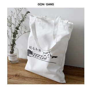 Túi tote túi đeo vai màu trắng họa tiết chú mèo vải canvas vải bố đựng đồ phong cách Hàn Quốc đi chơi đi học Gọn Gàng